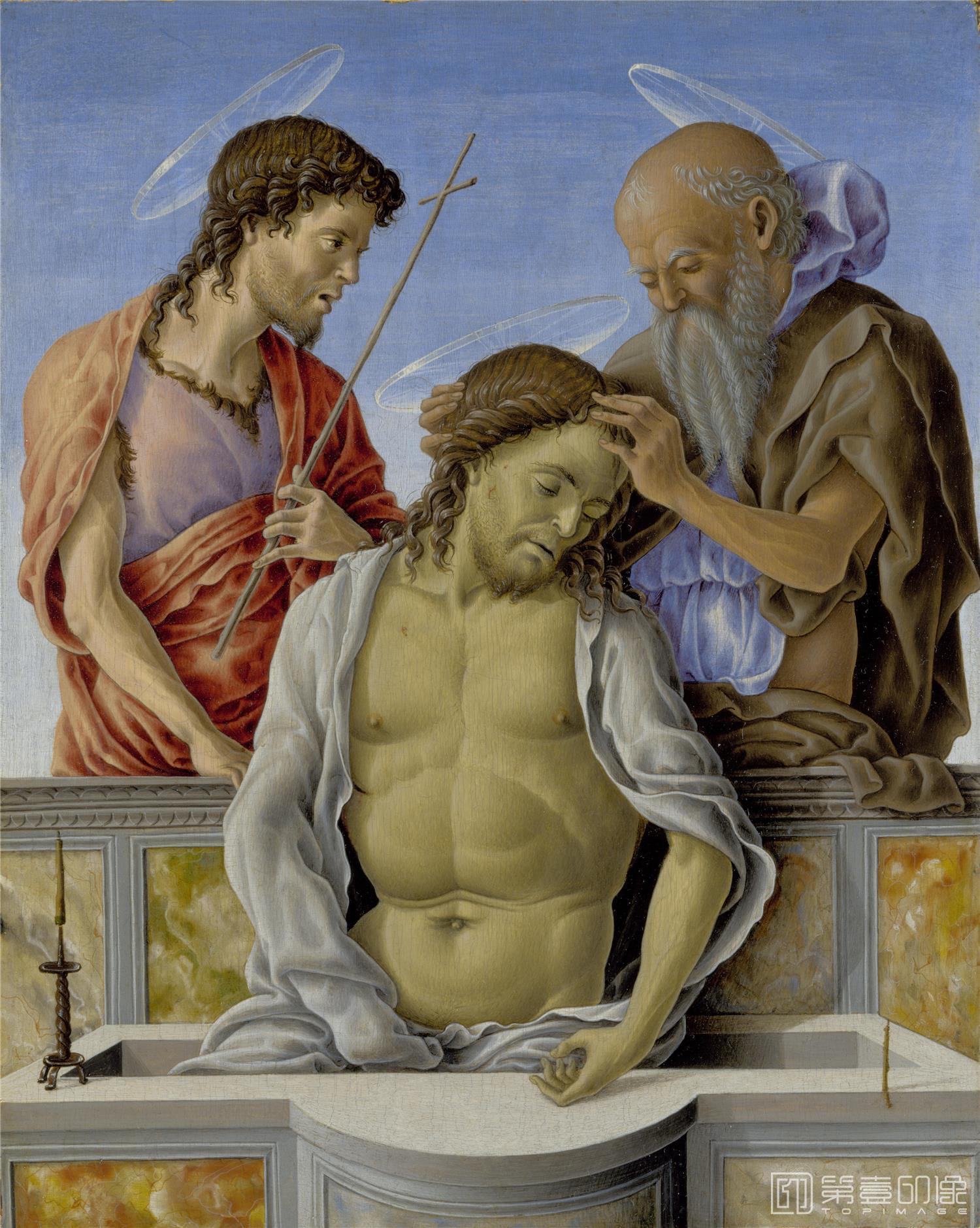 油画-大英博物馆藏画-Marco Zoppo - The Dead Christ supported by Saints-1671